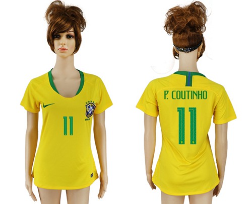Women's Brazil #11 P.Coutinho Home Soccer Country Jersey - Click Image to Close